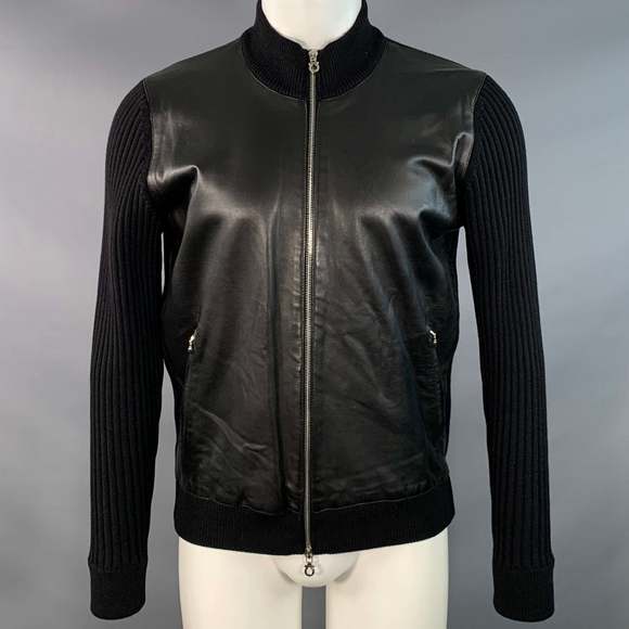 SALVATORE FERRAGAMO Black Leather Virgin Wool Ribbed Zip Up Jacket - Picture 1 of 5